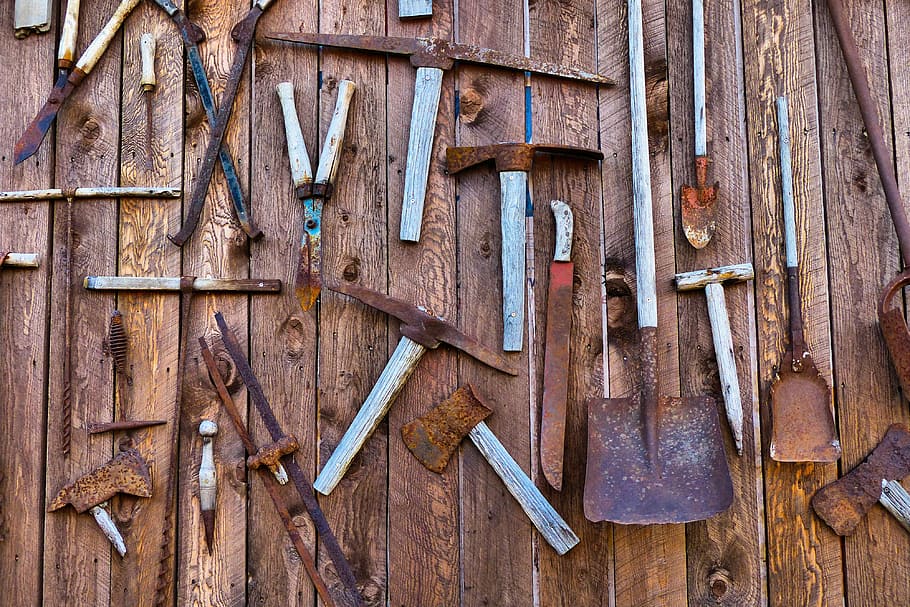 assorted, gardening tools, brown, surface, deadman ranch, ancient, buildings, wooden, western style, wild west