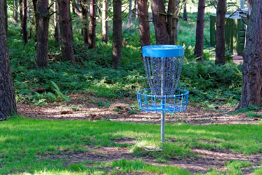 blue, metal cage, trees, disc golf, frisbee game, frisbee, forest, netting, target, outdoors