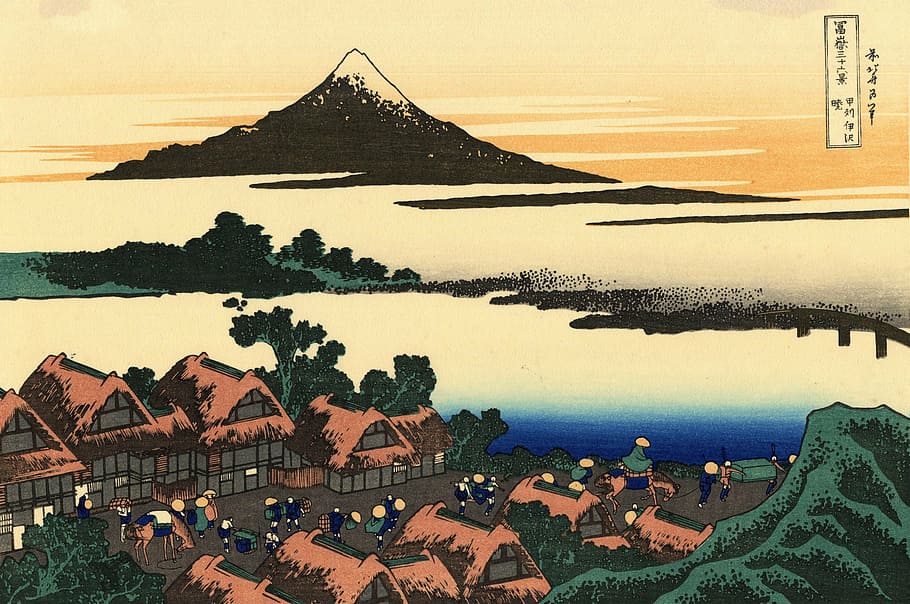 black, white, mountain peak, fogs painting, mount fuji, japan, sunset, sunrise, lake, volcano