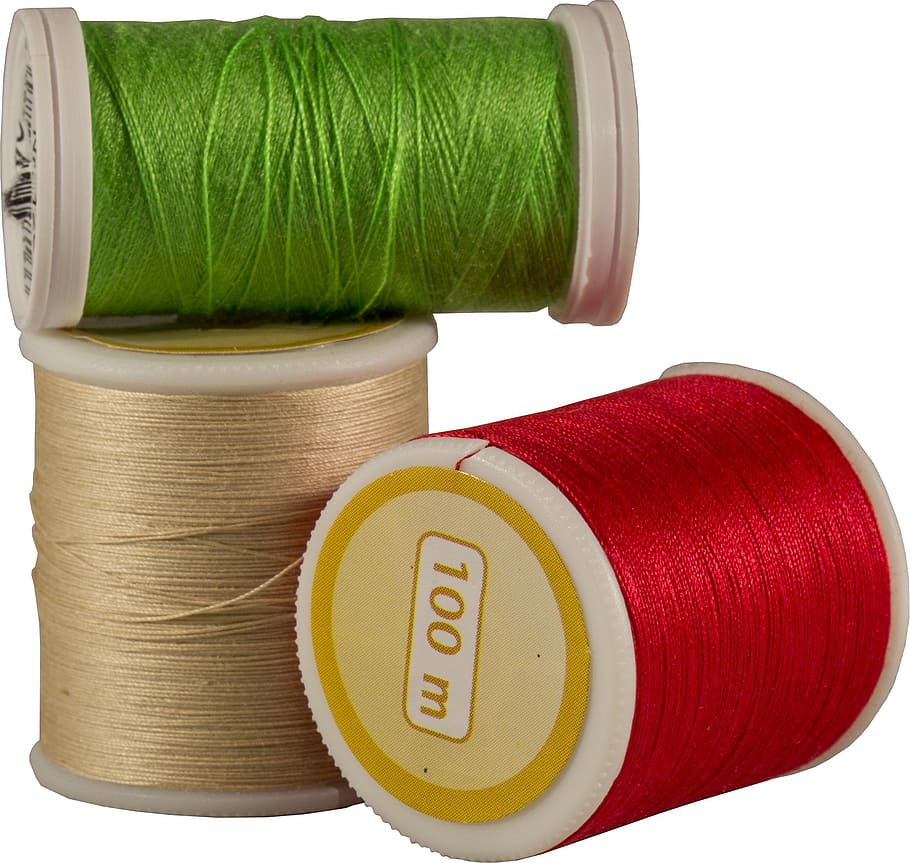 three, green, red, brown, sewing threads, thread, thread spools, roll, line, sewing