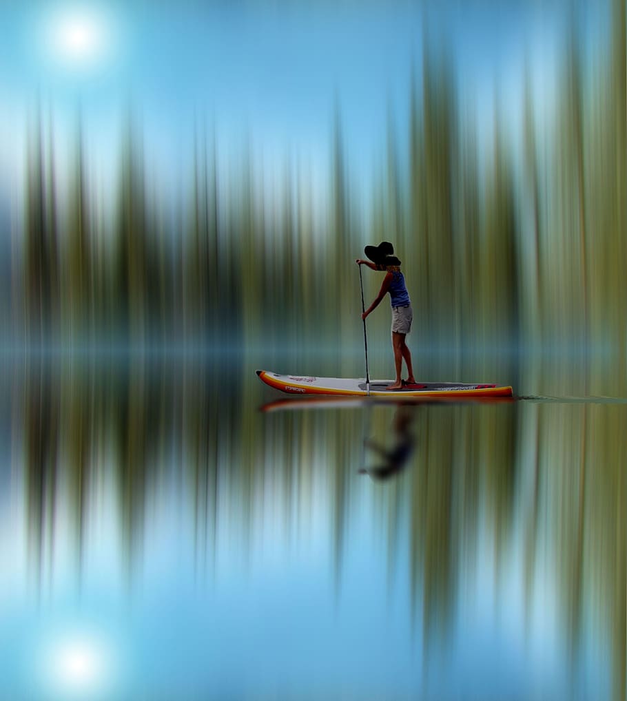 Blurred, Water, Reflections, Paddle, boat, trees, sun, sky, sunny, activity
