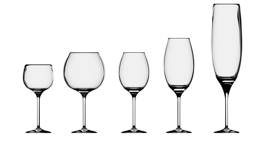 пять разных бокалов для вина, бокал для вина, вино, белый фон, стакан, Студийный снимок, Стекло - материал, без людей, натюрморт, отдых