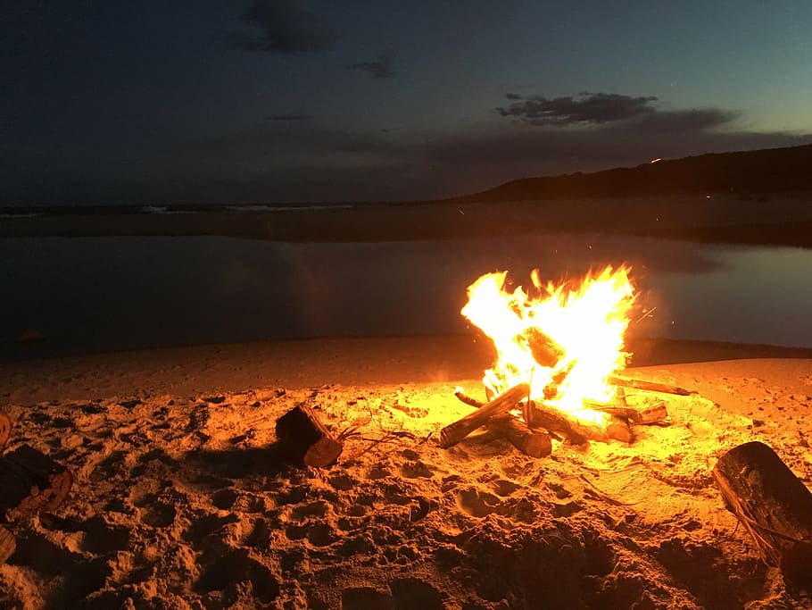 bonfire beside seashore, fire, beach, coast, summer, flame, sand, wood, campfire, bonfire