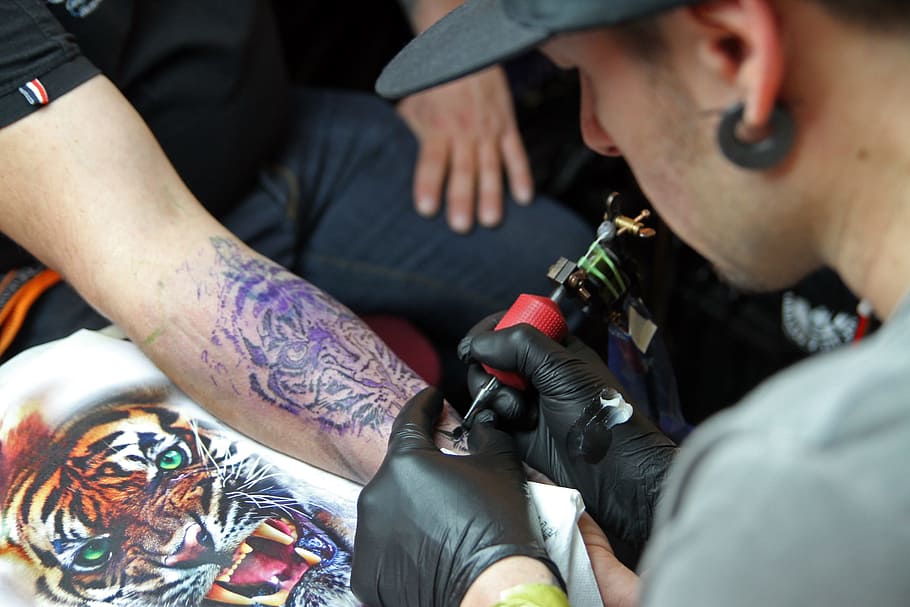 Tattoo, Needle, Skin, Tiger, tattoo, needle, art, process, men, people, tattooing