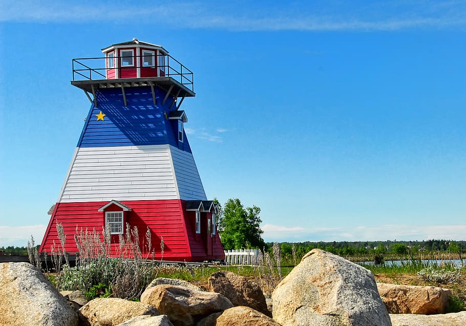 multicolored, lighthouse, brown, rocks, acadian, neguac, canada, coast, landmark, tourism