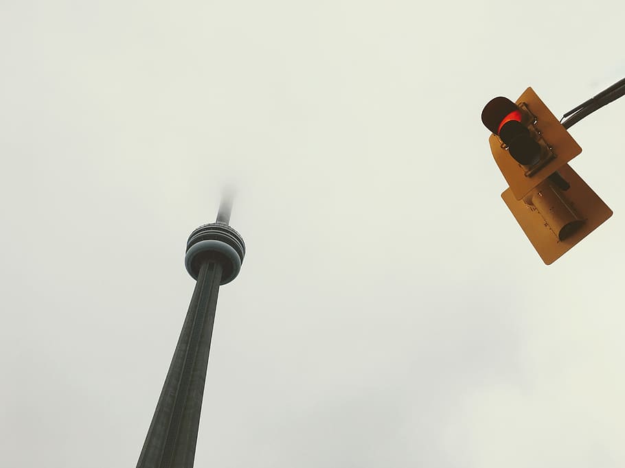 architecture, building, infrastructure, structure, cn tower, stop light, clouds, low angle view, built structure, technology