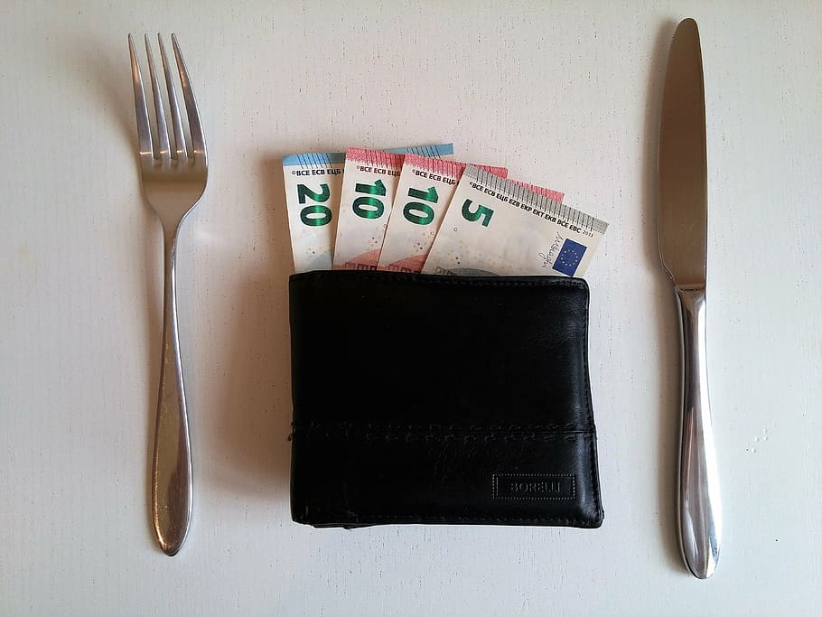 4 banknotes, two, silver fork, bread butter knife, money, bank note, currency, euro, banknote, cash and cash equivalents