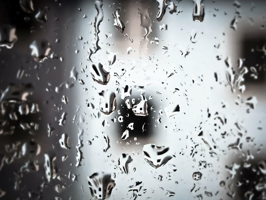 hujan, rintik hujan, setetes air, makro, manik-manik, cakram, jendela, buram, panel jendela, limpasan