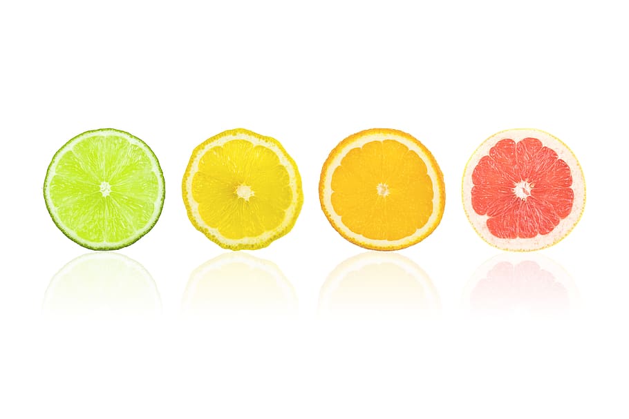 Citrus, slices, fruits, isolated, white., Pieces, fresh, orange, lime, lemon