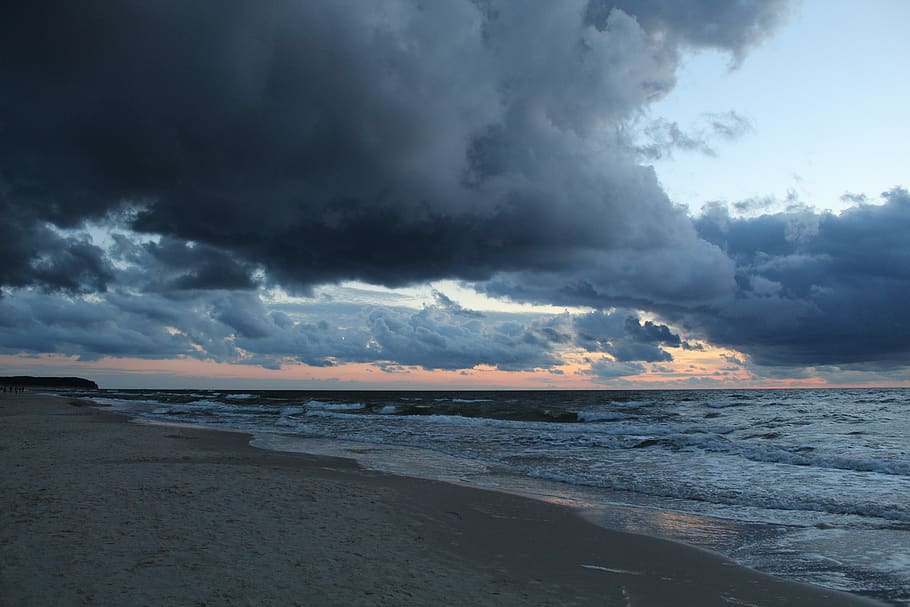 sea, clouds, sky, the horizon, water, twilight, cloud - sky, storm, beach, land