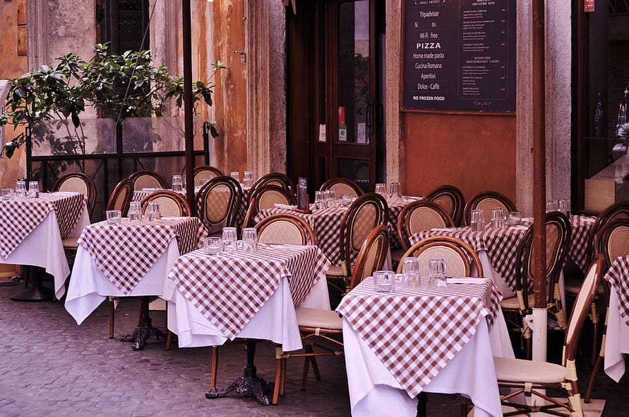tables, chairs, front, cafe, bistro, restaurant, outdoor dining, sidewalk, outside, europe