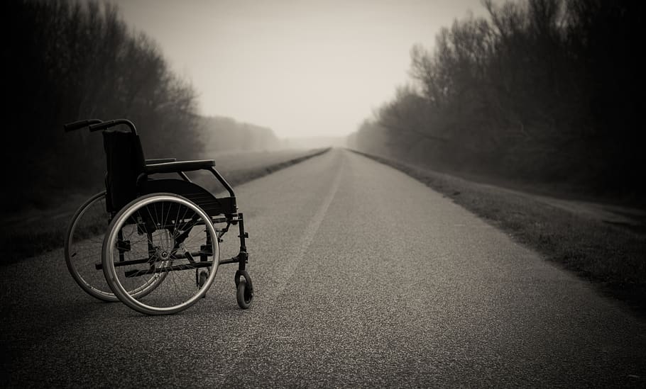 cadeira de rodas, solitário, físico, hospital, terra, cuidados, transporte, direção, caminho a seguir, estrada
