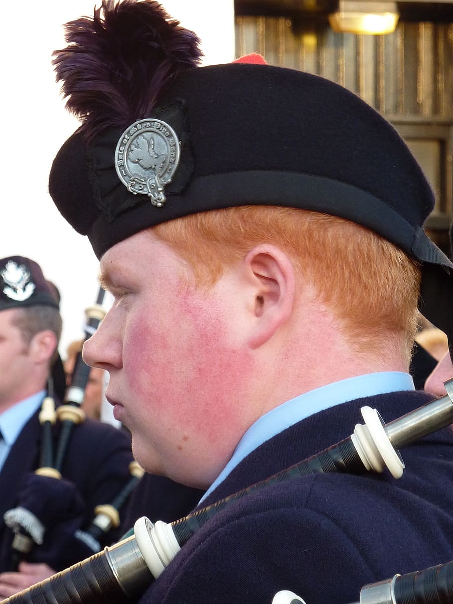 jock, bagpipes, musician, red hair, human, thick head, headshot, portrait, real people, close-up