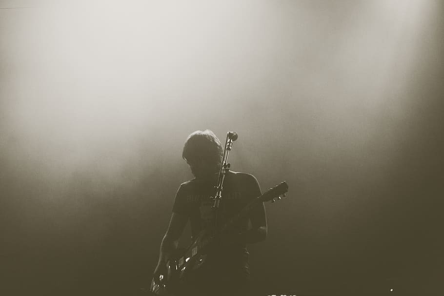 man, playing, guitar, sepia, photography, musician, live, stage, spotlight, light