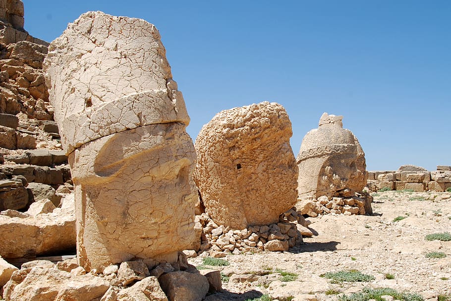 tres, estatuas de cabeza de piedra, marrón, campo, Nemrut Dağı, montaña, nemrut, montaña nemrut, nemrod, montaña nemrod