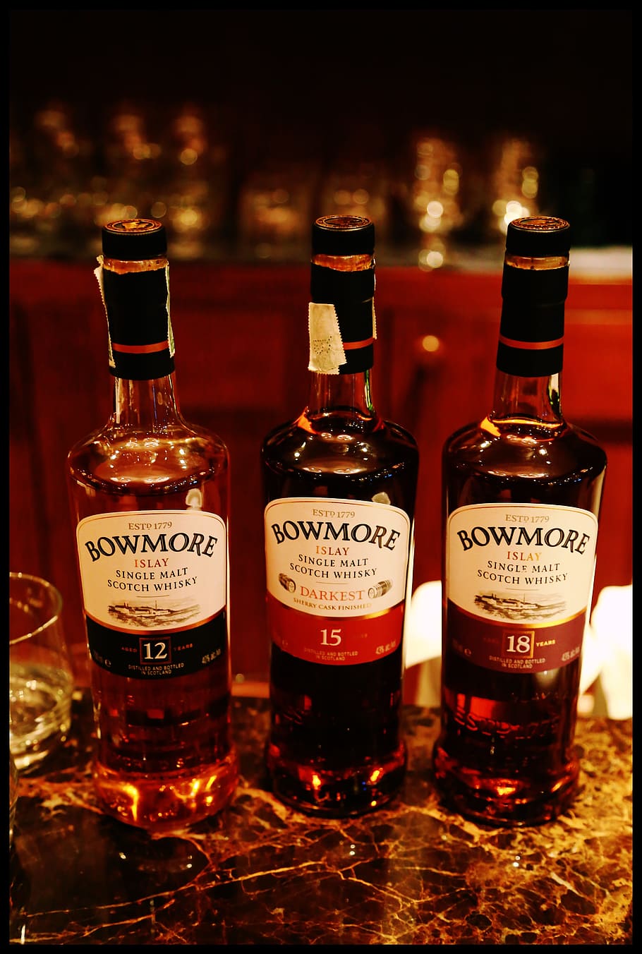 Bowmore, Whiskey, Single Malt, Alcohol, drink, spirit, bar, the bottle, bottle, hard Liquor
