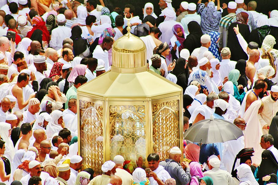 pessoas reunindo, ao lado, altar de ouro, casa de Deus, meca, mesquita, muçulmano, kaaba, muhammad, saudita