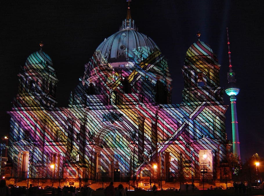 catedral de berlín, dom, berlín, ciudad de las luces, noche, luces, arte, estructura construida, arquitectura, exterior del edificio