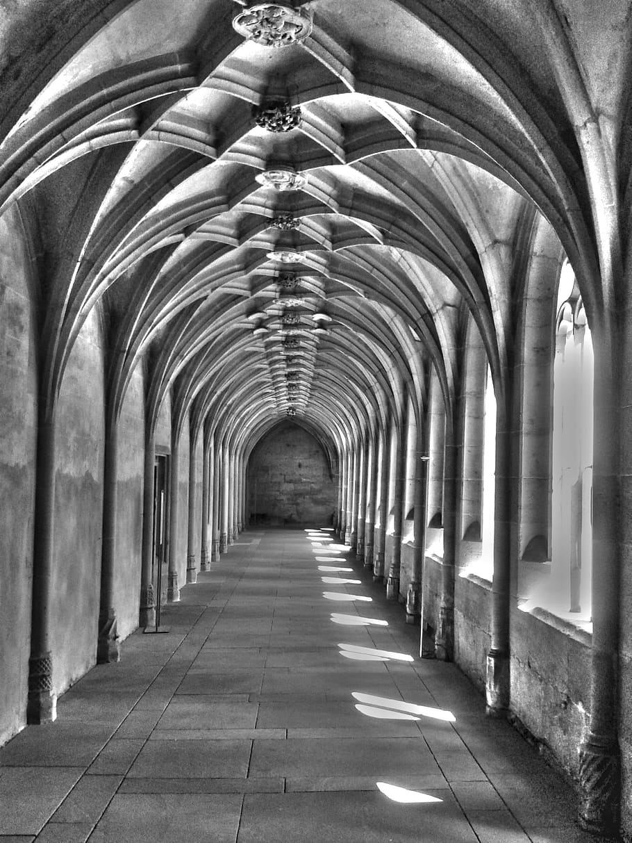 grayscale photo, concrete, hallway, building, architecture, vault, cloister, monastery, arch, the way forward