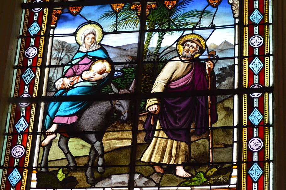 stained glass, window, church, colorful, leak, egypt, sainte, family, donkey, jesus