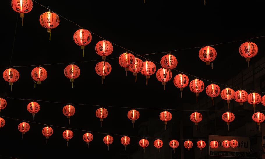bajo, foto de ángulo, iluminado, linternas chinas, año nuevo chino, luz roja, nochevieja, china, la danza del león, ciudad china