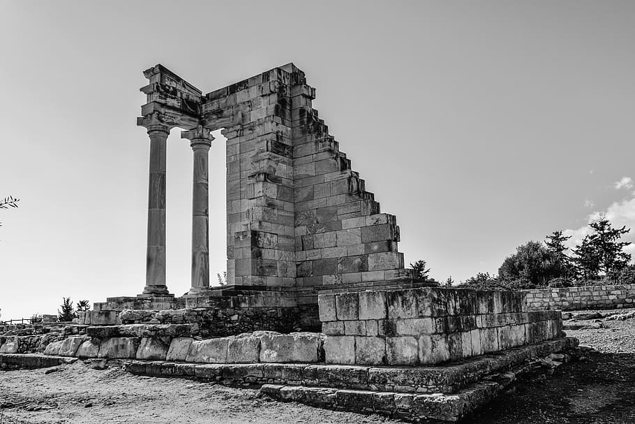 fotografi grayscale, reruntuhan bangunan, siprus, apollo hylates, suaka, kuno, yunani, bersejarah, mediterania, arsitektur