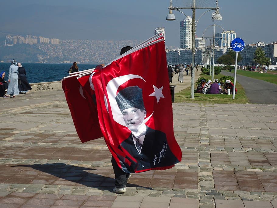 Turquia, Izmir, bandeira, vermelho, ao ar livre, dia, pessoas, militar, motim, traje