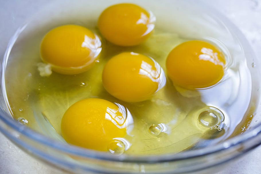 cinco, huevos, tazón, horneado, huevos crudos, yemas, comida y bebida, comida, frescura, alimentación saludable