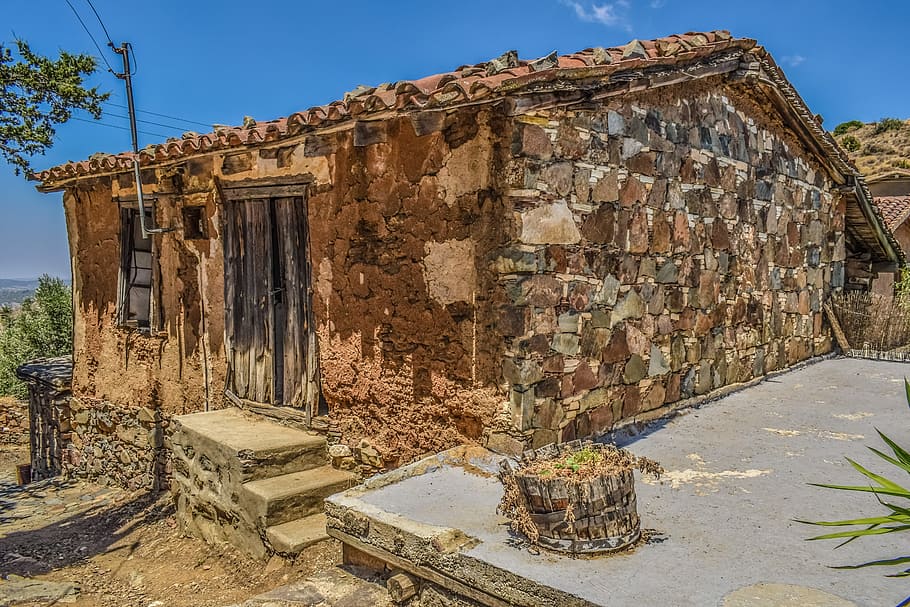 close-up photo, brown, concrete, house photo, cyprus, fikardou, house, deserted, abandoned, village