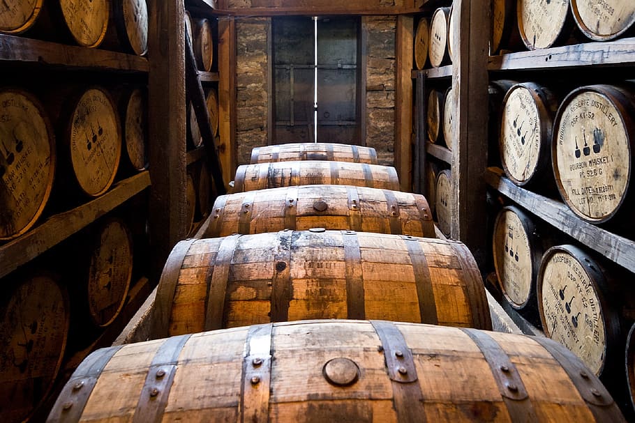closeup, wine barrel lot, distillery barrels, wooden kegs, bourbon, whiskey, aging, liquor, drink, adult beverage