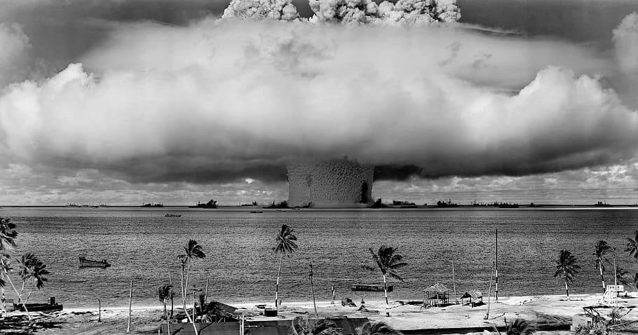 nuclear weapons test, nuclear weapon, weapons test, explosion, mushroom cloud, crossroads baker, atoll, 1946, atomic bomb, hydrogen bomb