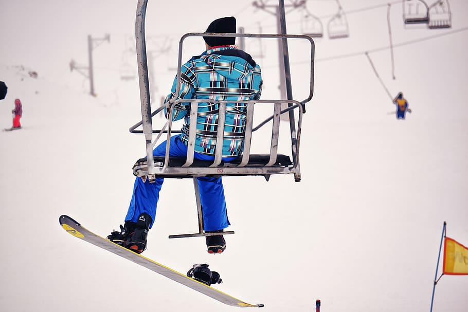 Snowboarder, teleférico, neve, montanha, branco, paisagem, elevador, natureza, inverno, alpino