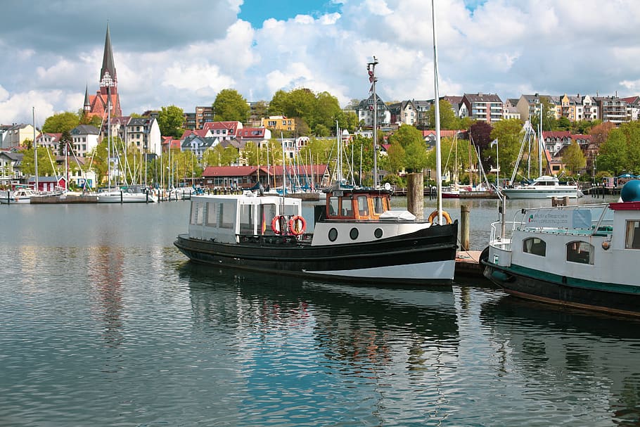 barge, solitüde, ship, towing-barge, excavators, historic preservation, port, flensburg, water, fjord