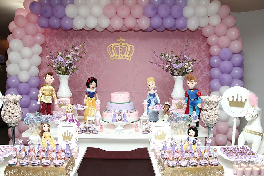 princesa de disney, temática, fiesta, día, princesa, cumpleaños, niños, niñas, tema, globos