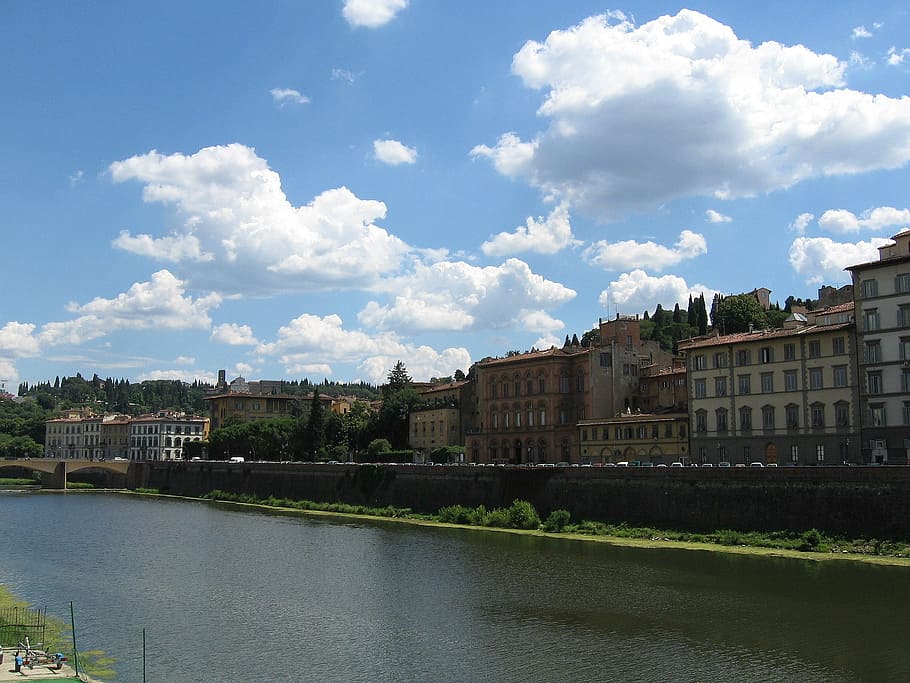 florence, river, arno river, italy, architecture, built structure, building exterior, water, sky, cloud - sky