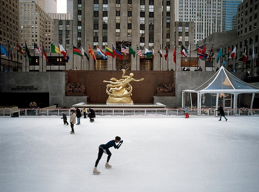 Rockefeller Center, Nueva York, patinadores, patinaje sobre hielo, Manhattan, América, hito, turismo, arquitectura, paisaje urbano