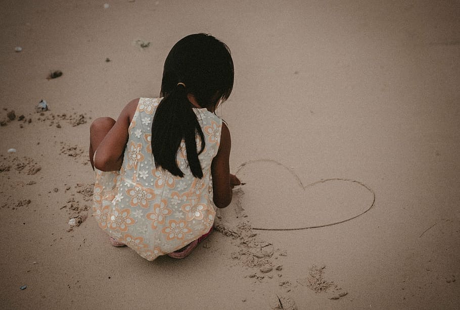 girl, wearing, beige, floral, dress, standing, wet, sand, people, child