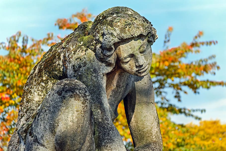 woman statue, trees, sculpture, stone, figure, girl, sitting, kummer, suffering, pain