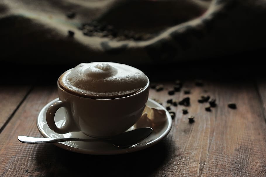 white, teacup, saucer, coffee, cappuccino, drink, coffee cup, cup of coffee, closeup, grain