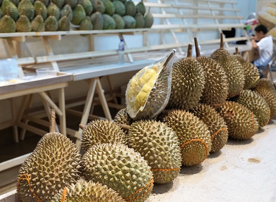 Fruta, mercado, comida, piercing, tropical, durian, venta, vegetación tropical, exótica, orquídea