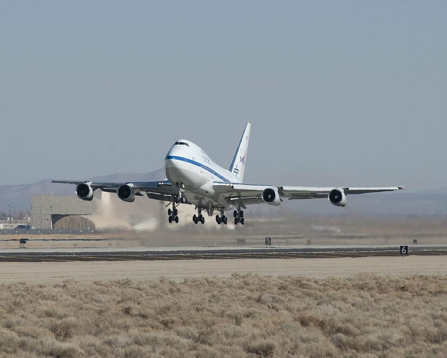 branco, avião, levantamento, avião a jato, decolagem, boeing 747sp, modificado, telescópio, nasa, nacional
