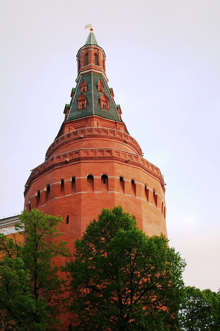 Tower, Arsenal, Tall, Cylindrical, red, faceted, corner, kremlin wall, trees, historic