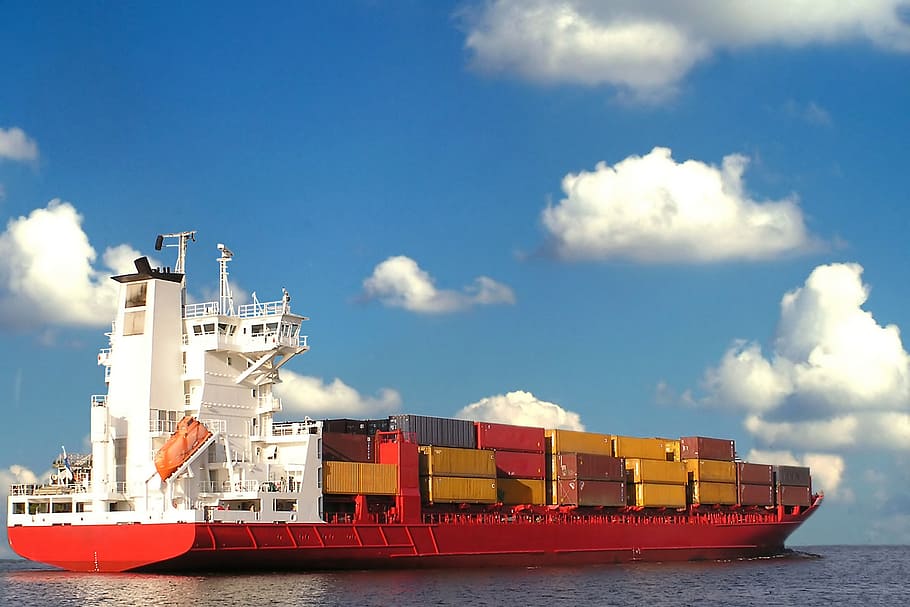 白, 赤, 貨物船, 貨物, 船, コンテナー, 商業, 海, 国際, 輸送
