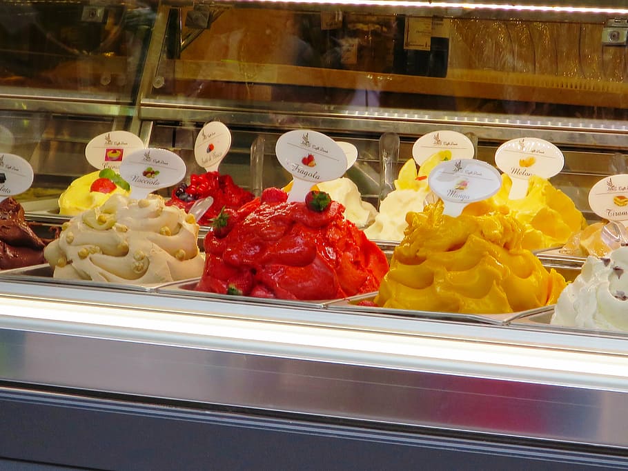 desserts, top, fruits, display freezer, ice cream parlour, ice cream, eiscafe, ice, candy, italy