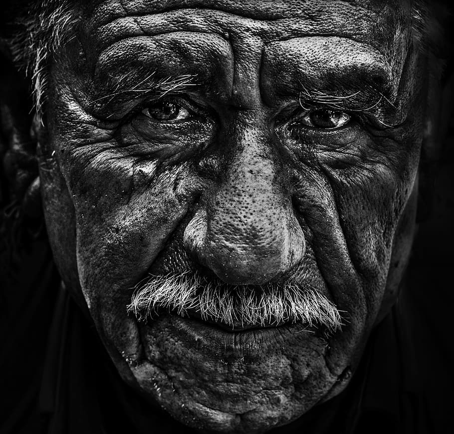 close, man, face, grayscale, old man, portrait, senior, omar alnahi, black And White, human Face