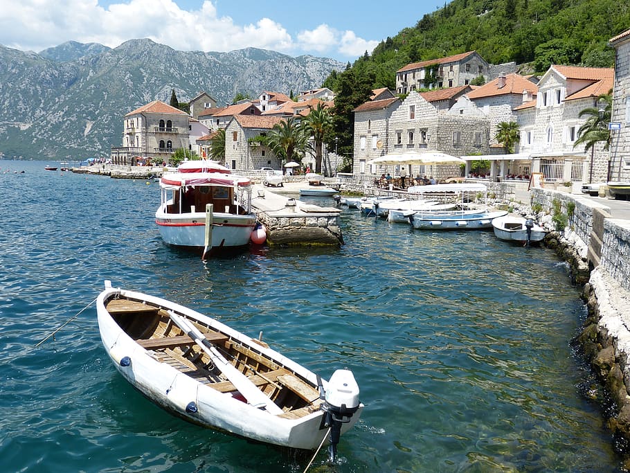 several, boats, body, water, houses, white, cloudy, skies, daytime, kotor