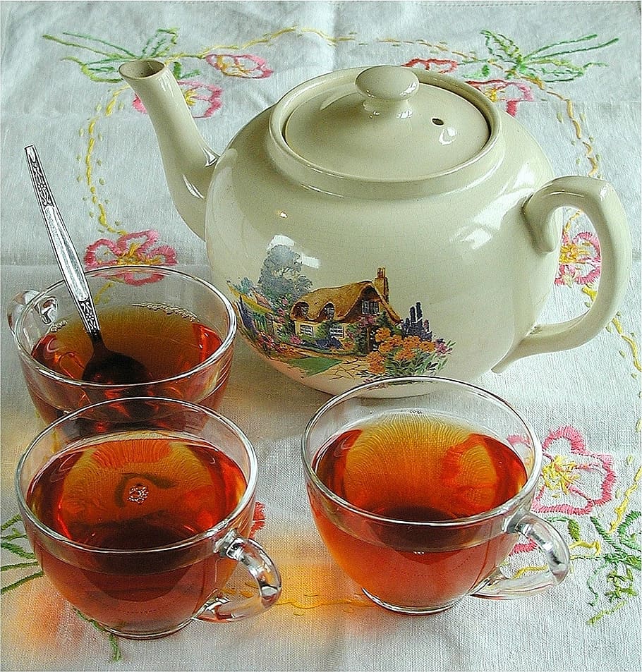 tea, beverage, drink, cups, table, table cloth, teapot, hot, refreshment, herbal