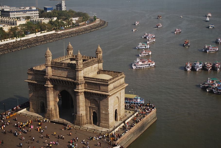 gateway of india, mumbai, monument, historic, port, sea, architecture, landmark, perspective, tug boat