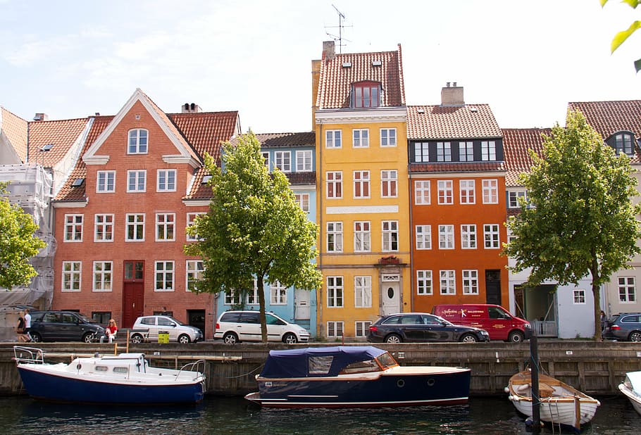 landscape photography, colorful, houses, netherlands, canal, copenhagen, christianshavn, harbour, capital, boats