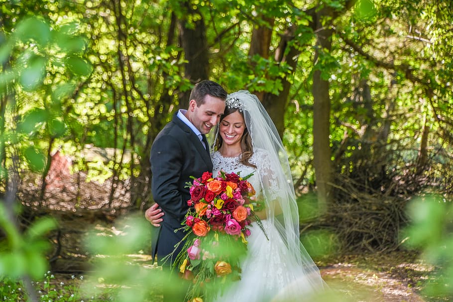 selective, focus photography, groom, bride, middle, forest, people, man, woman, hug